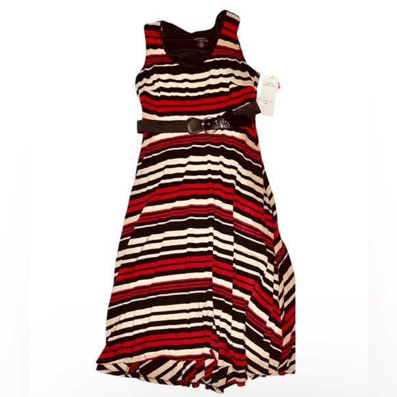 SIGNATURE BELTED STRIPED DRESS SCOOP NECK WOMENS CASUAL SLEEVELESS SIZE PLARGE - Picture 14 of 16